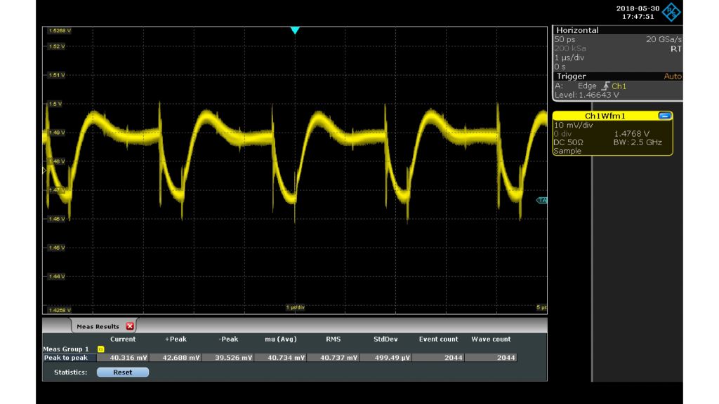 使用 r&s®rt-zp10 10:1、500 mhz 无源探头测量 1.5 v 电源信号(50 mv (vpp),噪声会掩盖信号细节)。 使用 r&s®rt-zp10 10:1、500 mhz 无源探头测量 1.5 v 电源信号(50 mv (vpp),噪声会掩盖信号细节)。
