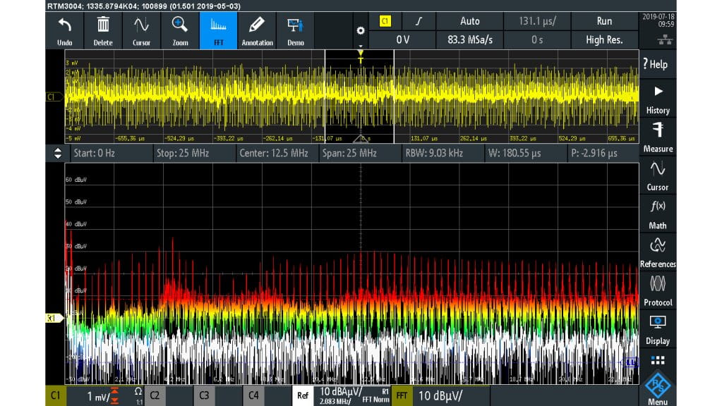 使用输入滤波器时的 emi 频谱 使用输入滤波器时的 emi 频谱